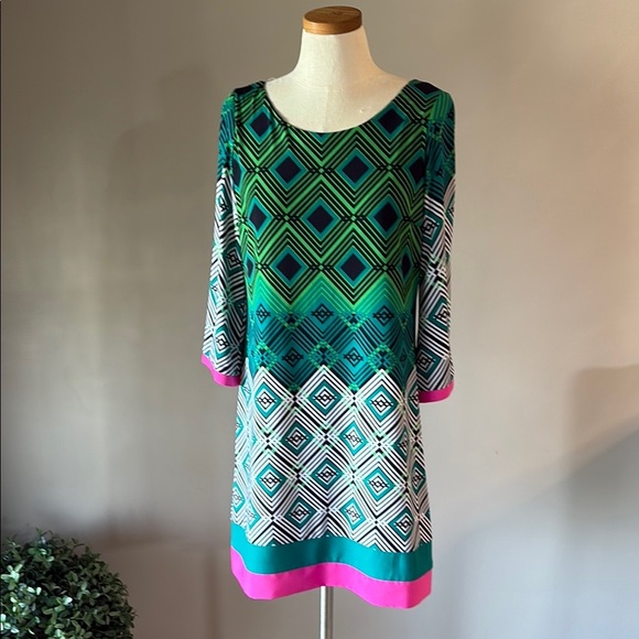 Eliza J geometric color block stretch shift dress 3/4 sleeve relaxed fit zip 10 - Picture 1 of 13